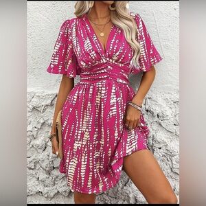 SHEIN Holidaya Women's Tie Dye Printed VNeck Crop Sleeve Ruffle Waist Mini Dress